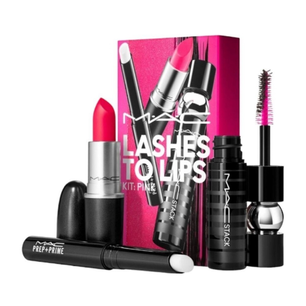 New MAC Cosmetics Lashes To Lips Kit Pink in Relentlessly Red & Black Stack(706)